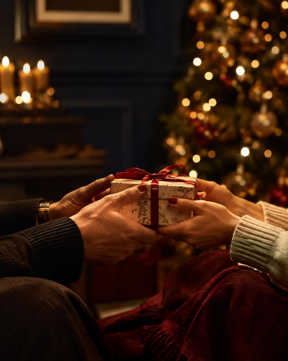 Hands exchanging a gift by a Christmas tree