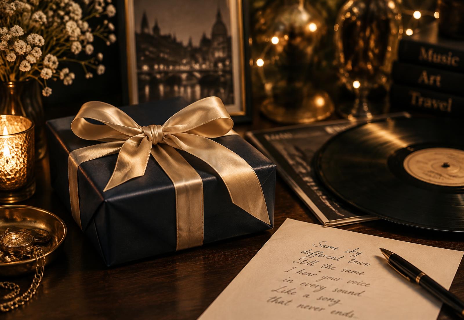 A navy gift box with a gold ribbon beside a vinyl record and handwritten lyrics