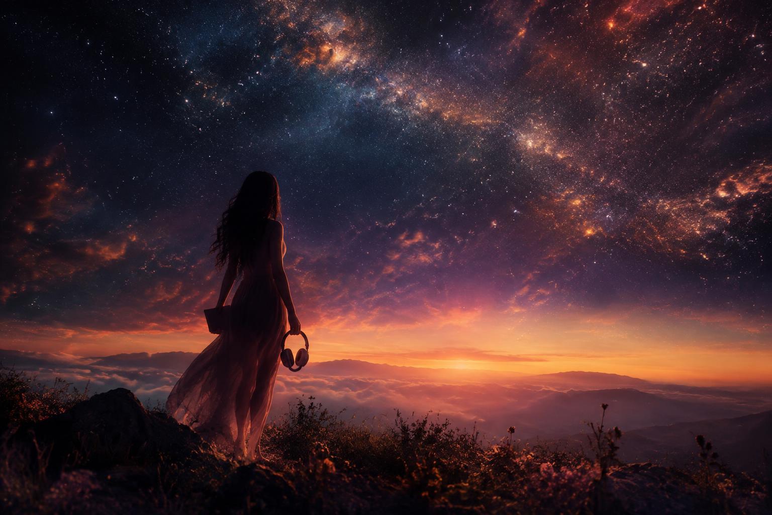 A woman holding headphones beneath a starlit dawn sky