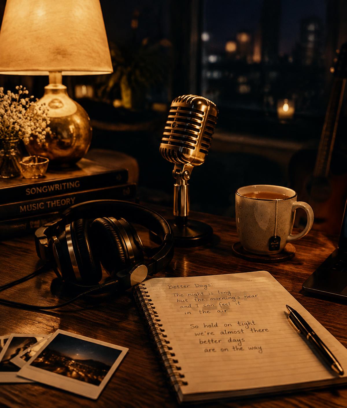 A songwriter's desk with a microphone and handwritten lyrics